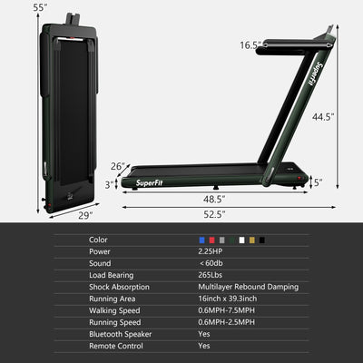 2 in 1 2.25HP Folding Treadmill with APP Speaker Remote Control-Green