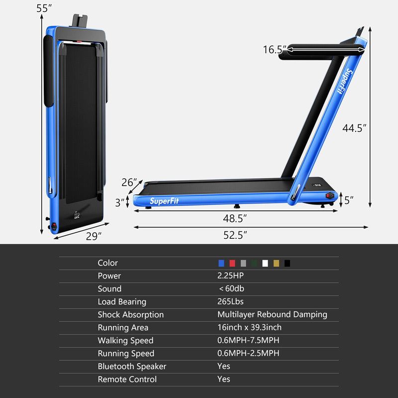 2 in 1 2.25HP Folding Treadmill with APP Speaker Remote Control-Navy