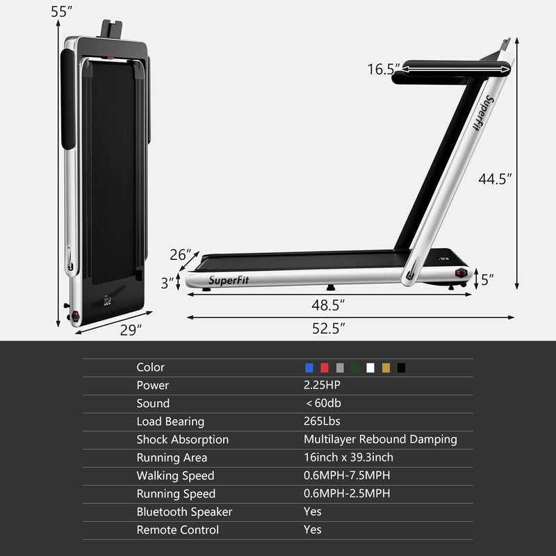2 in 1 2.25HP Folding Treadmill with APP Speaker Remote Control-Silver