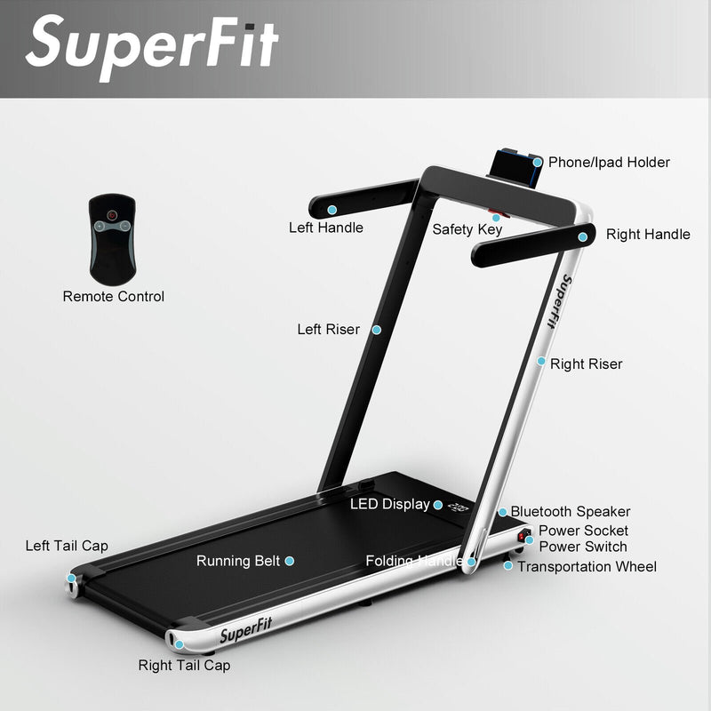 2 in 1 2.25HP Folding Treadmill with APP Speaker Remote Control-Silver
