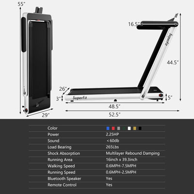 2 in 1 2.25HP Folding Treadmill with APP Speaker Remote Control-White