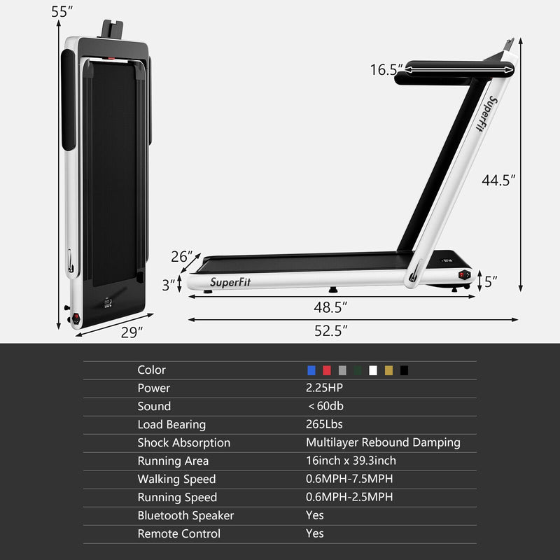 2 in 1 2.25HP Folding Treadmill with APP Speaker Remote Control-White