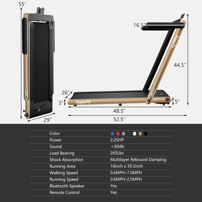 2 in 1 2.25HP Folding Treadmill with APP Speaker Remote Control-Yellow