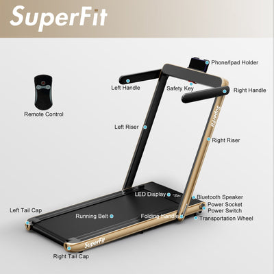 2 in 1 2.25HP Folding Treadmill with APP Speaker Remote Control-Yellow