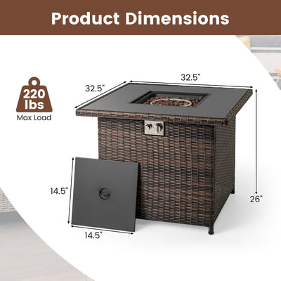 32.5 Inch Propane Fire Pit Table 5000 BTU with Tempered Glass Tabletop-Brown