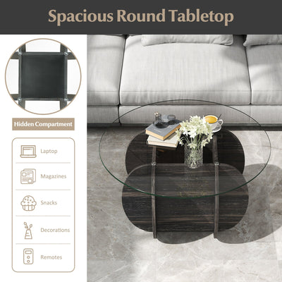 35" Round Coffee Table Unique Circle Center Table with Tempered Glass Top and Solid Wood Base-Black