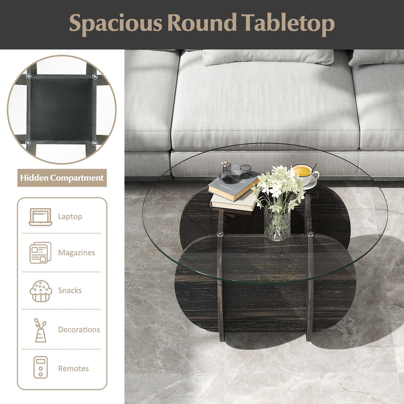 35" Round Coffee Table Unique Circle Center Table with Tempered Glass Top and Solid Wood Base-Black