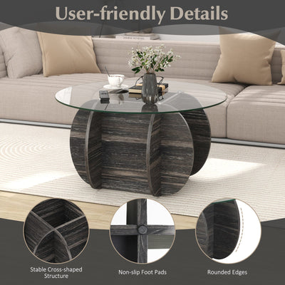 35" Round Coffee Table Unique Circle Center Table with Tempered Glass Top and Solid Wood Base-Black