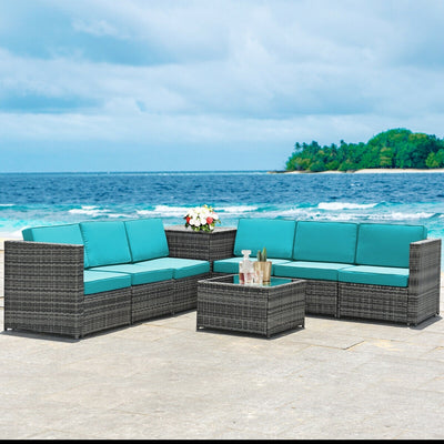 8 Piece Wicker Sofa Rattan Dinning Set Patio Furniture with Storage Table-Turquoise