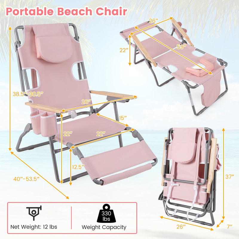 3-IN-1 Foldable Beach Chair with Footrest and Adjustable Backrest-Pink