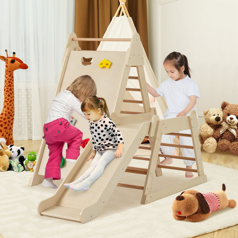3-In 1 Jungle Gym Indoor Playground with Extended Slide for Toddlers-Natural
