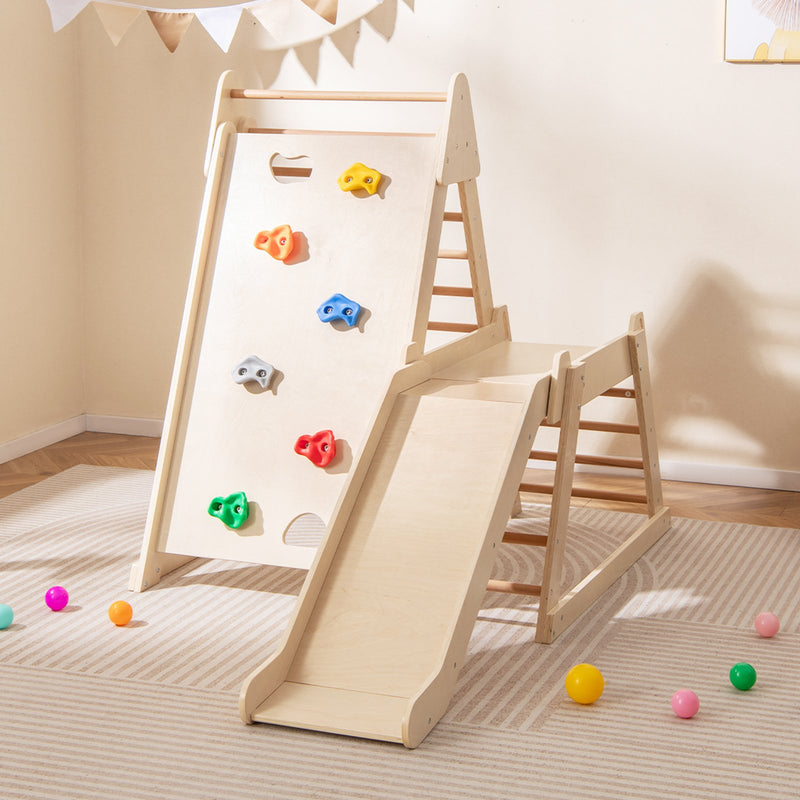 3-In 1 Jungle Gym Indoor Playground with Extended Slide for Toddlers-Natural