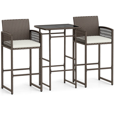 3 Piece Patio Bar Set Outdoor Wicker Bar Height Table and Armchairs with 2 Seat Cushions-White