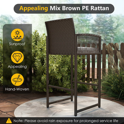3 Piece Patio Bar Set Outdoor Wicker Bar Height Table and Armchairs with 2 Seat Cushions-White