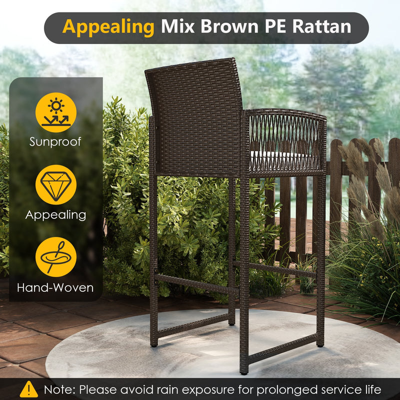 3 Piece Patio Bar Set Outdoor Wicker Bar Height Table and Armchairs with 2 Seat Cushions-White