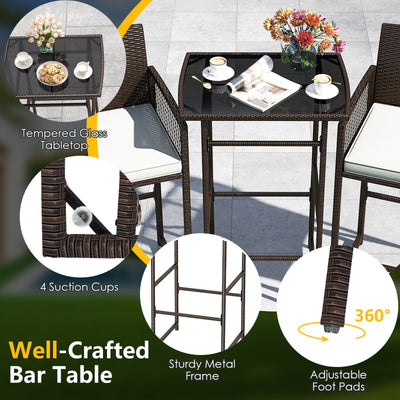 3 Piece Patio Bar Set Outdoor Wicker Bar Height Table and Armchairs with 2 Seat Cushions-White
