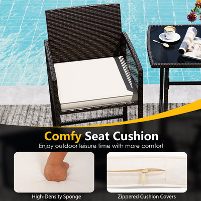 3 Piece Patio Bar Set Outdoor Wicker Bar Height Table and Armchairs with 2 Seat Cushions-White
