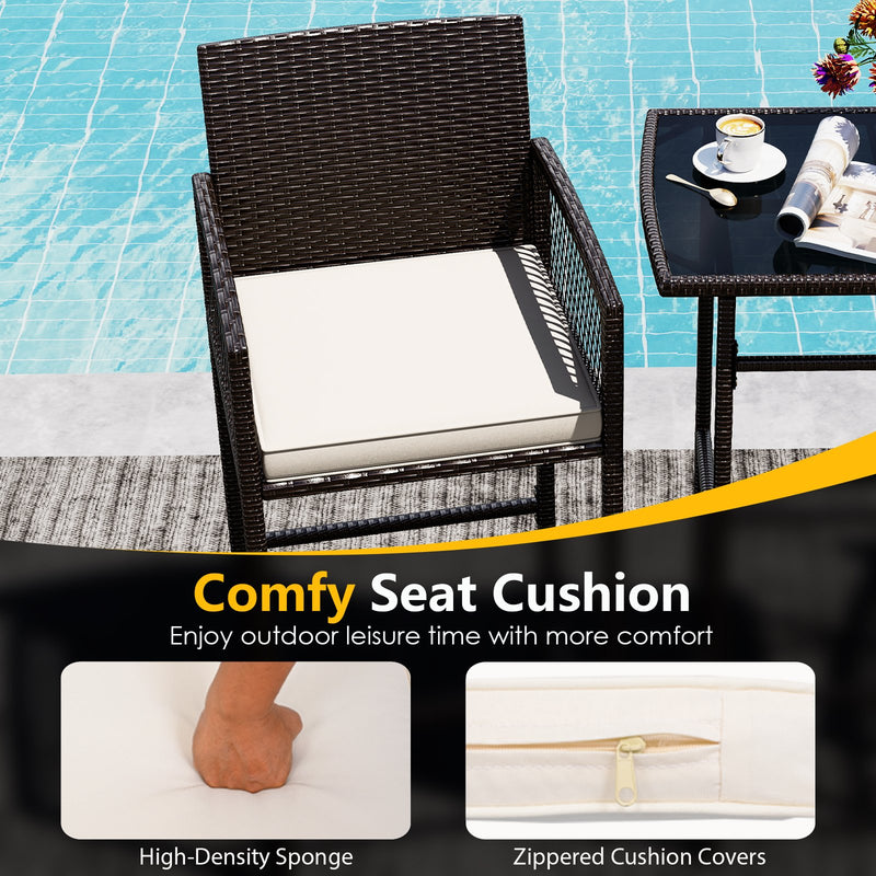 3 Piece Patio Bar Set Outdoor Wicker Bar Height Table and Armchairs with 2 Seat Cushions-White