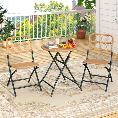 3 Piece Patio Bistro Set Folding Round Table and Chairs with Wicker Seat