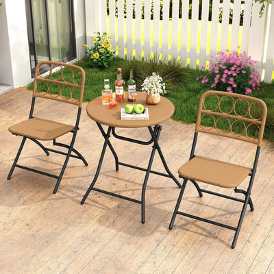 3 Piece Patio Bistro Set Folding Round Table and Chairs with Wicker Seat