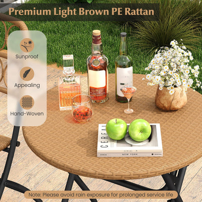 3 Piece Patio Bistro Set Folding Round Table and Chairs with Wicker Seat