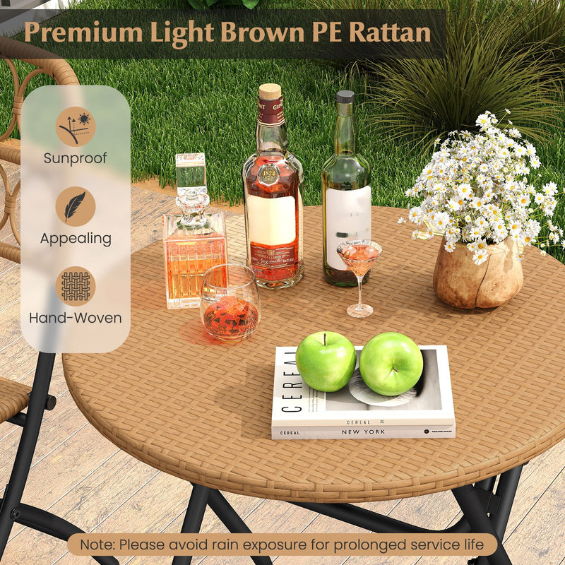 3 Piece Patio Bistro Set Folding Round Table and Chairs with Wicker Seat