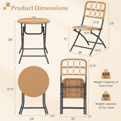 3 Piece Patio Bistro Set Folding Round Table and Chairs with Wicker Seat