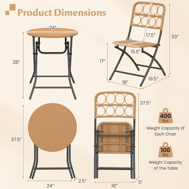 3 Piece Patio Bistro Set Folding Round Table and Chairs with Wicker Seat