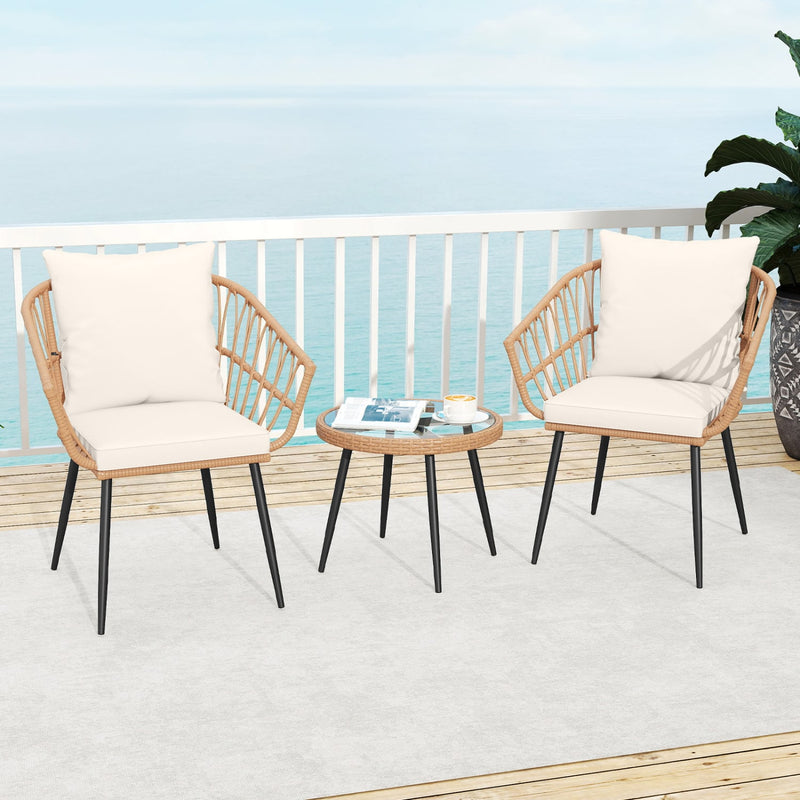 3 Piece Patio Bistro Set with PE Rattan Wicker Chairs and Tempered Gla