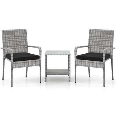 3 Piece Patio Furniture Set with Seat Cushions and Tempered Glass Tabletop for Balcony-Black