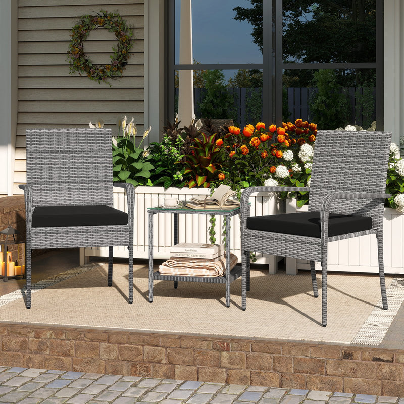 3 Piece Patio Furniture Set with Seat Cushions and Tempered Glass Tabletop for Balcony-Black