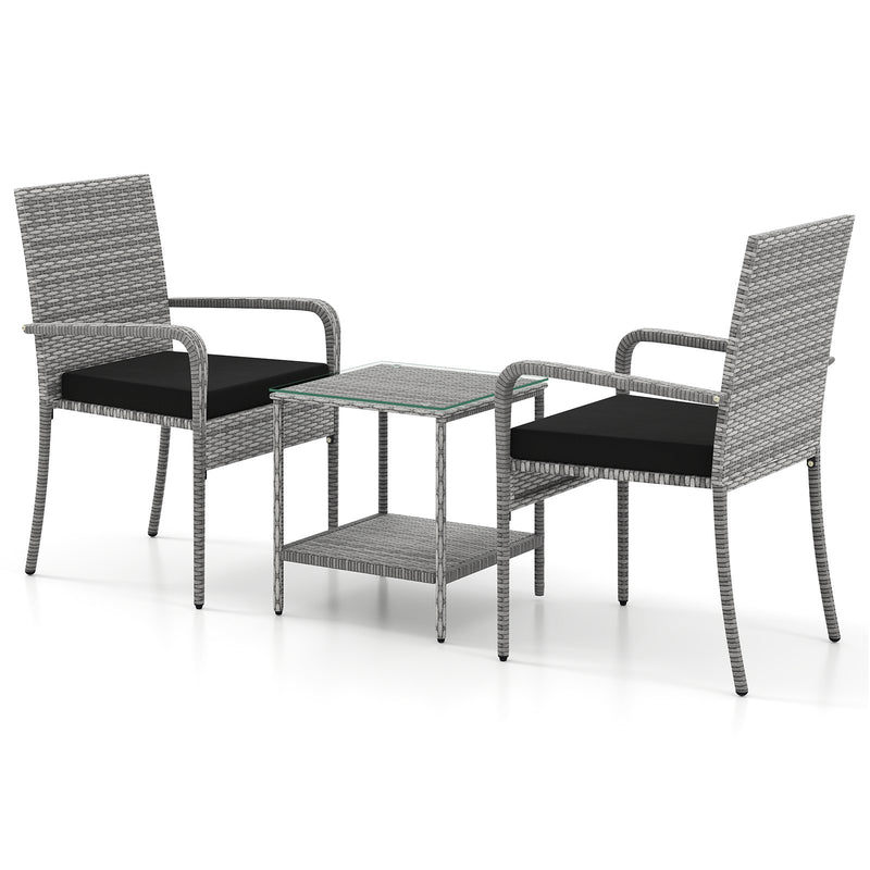 3 Piece Patio Furniture Set with Seat Cushions and Tempered Glass Tabletop for Balcony-Black