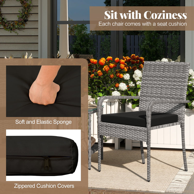 3 Piece Patio Furniture Set with Seat Cushions and Tempered Glass Tabletop for Balcony-Black