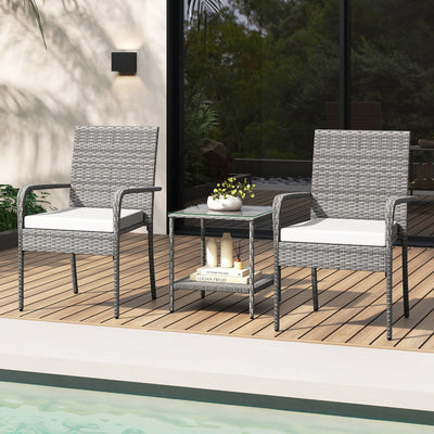 3 Piece Patio Furniture Set with Seat Cushions and Tempered Glass Tabletop for Balcony-White