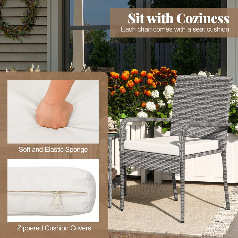 3 Piece Patio Furniture Set with Seat Cushions and Tempered Glass Tabletop for Balcony-White