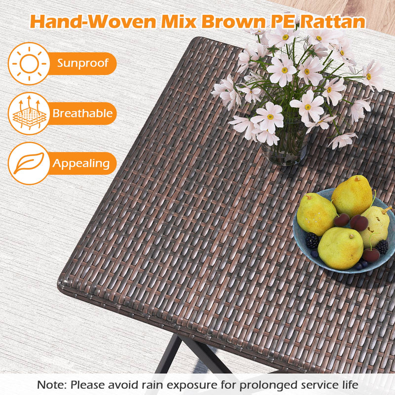 3 Piece Rattan Bistro Set Outdoor Folding Dining Table and Chairs with Wicker Seat