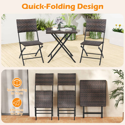 3 Piece Rattan Bistro Set Outdoor Folding Dining Table and Chairs with Wicker Seat
