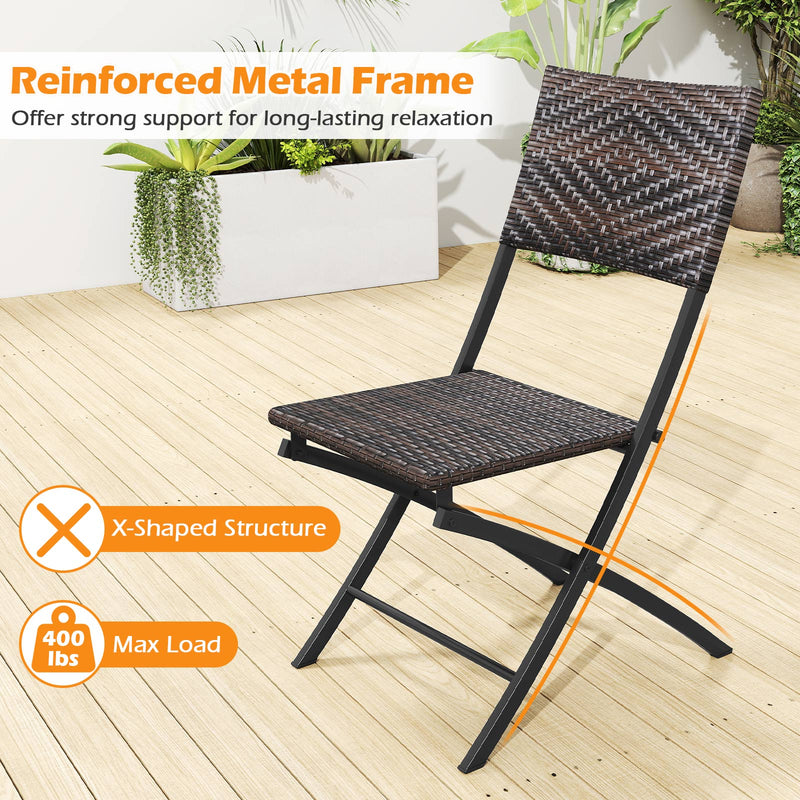 3 Piece Rattan Bistro Set Outdoor Folding Dining Table and Chairs with Wicker Seat