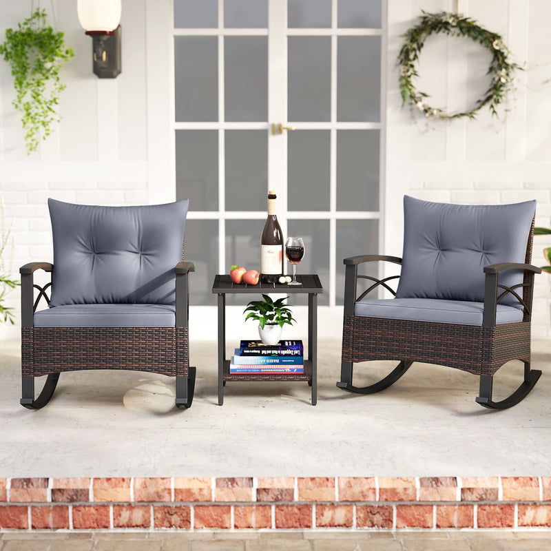3 Piece Rocking Bistro Set PE Rattan Rocker Chairs with Acacia Wood To