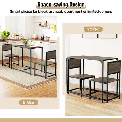 3 Pieces Dining Set Compact Table and 2 Chair with Metal Frame for Small Space-Oak