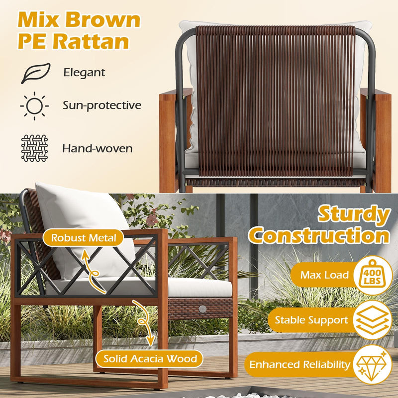 3 Pieces Patio Furniture Set with Tempered Glass Top Table and Soft Cushions-Off White