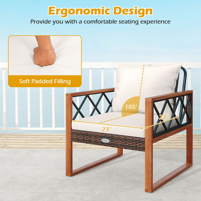 3 Pieces Patio Furniture Set with Tempered Glass Top Table and Soft Cushions-Off White