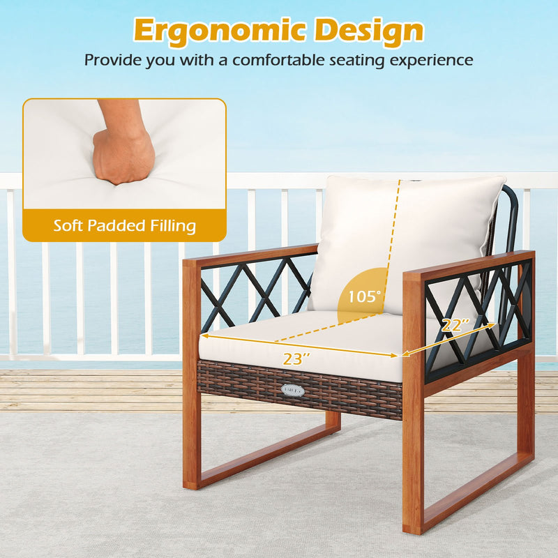 3 Pieces Patio Furniture Set with Tempered Glass Top Table and Soft Cushions-Off White