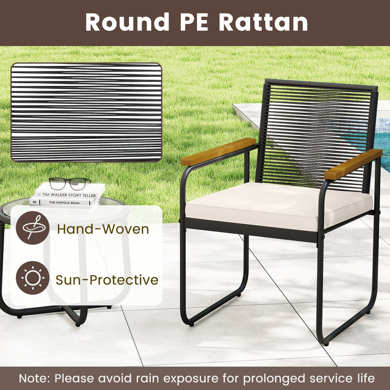 3 Pieces Patio Furniture Set PE Rattan Porch Chairs with Round Tempered Glass Top Table-White