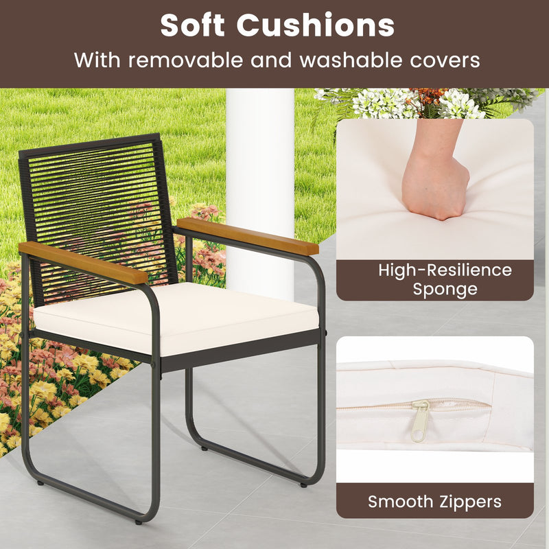 3 Pieces Patio Furniture Set PE Rattan Porch Chairs with Round Tempered Glass Top Table-White