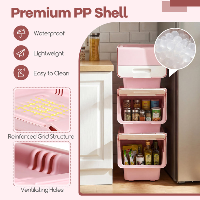 3 Pieces Storage Bins on Wheels Stackable Plastic Boxes with Stay-Open