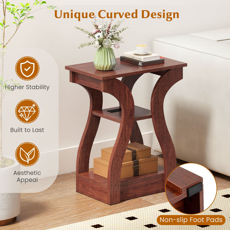 3-Tier End Tables with Charging Station Set of 2 with Open Storage Shelves-Cherry