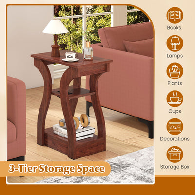 3-Tier End Tables with Charging Station Set of 2 with Open Storage Shelves-Cherry