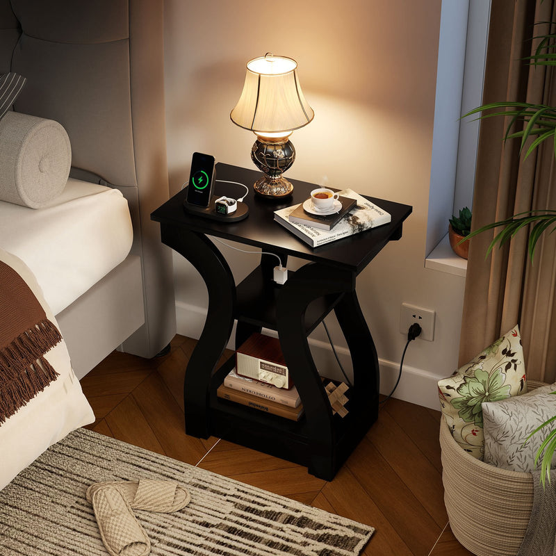 3-Tier End Tables with Charging Station Set of 2 with Open Storage Shelves-Black