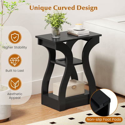 3-Tier End Tables with Charging Station Set of 2 with Open Storage Shelves-Black
